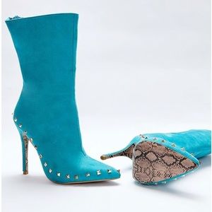 Turquoise Faux Suede Studded Booties